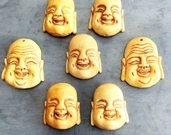 Carved Bone Laughing Buddha Beads, Each, Pendant, Handmade, Vintage, Jewelry Making Supplies