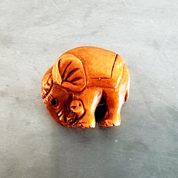 Boxwood Ojime Bead, Elephant, Hand carved, Signed by Artist, Jewelry Making Supplies, Beading Supplies, Vintage