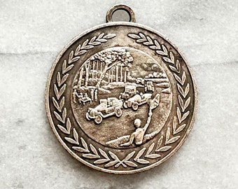 Rare Car Race Medallion, European Antique/Vintage, Dated 1982, Pendant, Jewelry Making Supplies, Beading Supplies