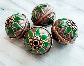 Turkmen Vintage Style Beads, Tribal Ethnic Beads, Copper with Enamel Inlay, Lot of 4, Jewelry Making Supplies, Beading Supplies