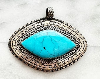 Tribal Turquoise Pendant w/ Filigree and Granulation, Turkman Kazak Pendant, Antique,  Marquis Turquoise Stone, Jewelry Making Supplies