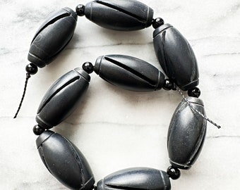 Large Matte Black Onyx Carved Oblong Beads, 38mm x 18mm, 13 inch strand of 8 beads, Smooth Matte Finish, Jewelry Making Supplies, Beading