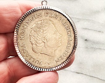 Silver Coin Pendant Netherlands, Large, 10 Gulden, 1970, Antique, Commemorative Coin Pendant, Jewelry Making, Beading Supplies