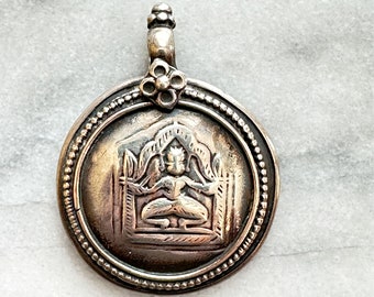 Antique Indian Hindu Deity Amulet, Silver from Rajasthan India, Vintage, Pendant, Handcrafted, Jewelry Making Supplies