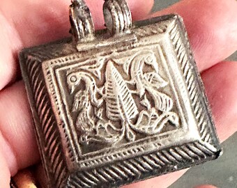 Indian Double Peacock Silver Amulet, Each, Pendant, Jewelry Making Supplies, Vintage, Rajasthan