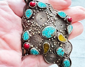 Antique Nepal Pendant with Turquoise, Coral and Amber, Unique, Large, Granulation, Wire Work, Jewelry Making Supplies, Beading Supplies