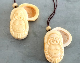 Carved Bone Buddha Amulet Box Pendant, Laughing Buddha, Buddai, Jewelry Making Supplies, Beading Supplies
