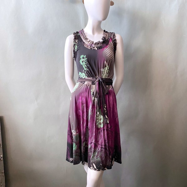 Vintage ETRO Summer Dress sz 4/6 Modern Floral Jersey Wrap Waist Tie / Hamptons Palm Springs Nantucket Party Chic