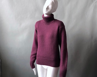 Vintage 1980s 90s Ralph Lauren Polo Turtlenck / Preppy Purple Wool Sweater with Professorial Suede Patches sz Small to Medium