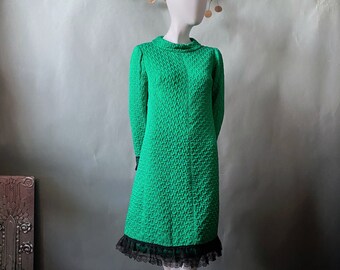 1960s Holiday Party Dress / Alice Schweitzer Couture / Christmas Green A Line w/ Black Lace Trim 38 Bust 42 Hip M Maisel Era Hollywood Glam