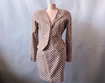 1980s Isaac Mizrahi Polka Dot Skirt Suit / 1980s Does 1940s Glam / sz XS / 100% Cotton Faille / 80s NYC Designer Chic / Brown and Cream