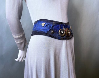 Vintage 1980s Blue Leather Belt Embellished Serpent Motif / Rhinestone & Hand Painting / 30" - 34" Waist / Hip Belt / Chunky 80s Artist Made