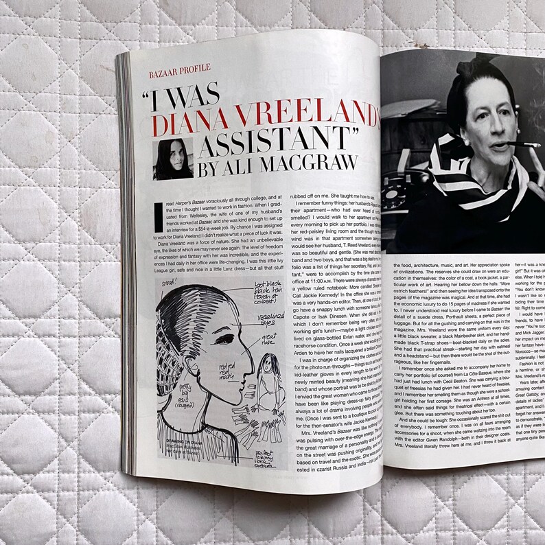 May include: A magazine spread featuring a black and white photo of Diana Vreeland, a fashion icon, with the text "I was Diana Vreeland's assistant" and a hand-drawn illustration of a woman with a large nose and a red mouth.