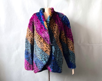 Vintage 80's Mob Wife Rainbow Fur Jacket / Rabbit Fur Stroller Short Coat / 80s Does 1940s / sz M L 10 12 14