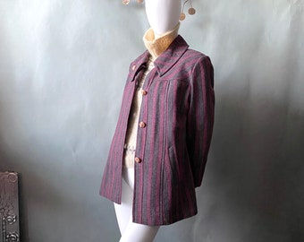 Vintage Striped Wool Brushed Twill Striped Chore Jacket GUANGMING Unique Asymmetrical Collar sz S 4 6 Colorful Woolen Stripe Pockets