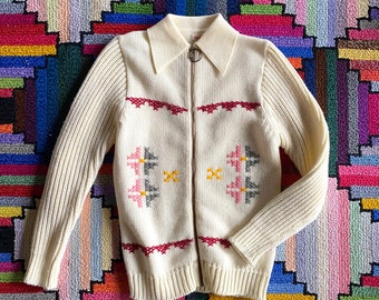 70s Charlies Girls by Erika Elias Colorful Knit Cardigan 1970s Junior Market Knitwear / Brady Bunch Chic / sz M L Teen Size