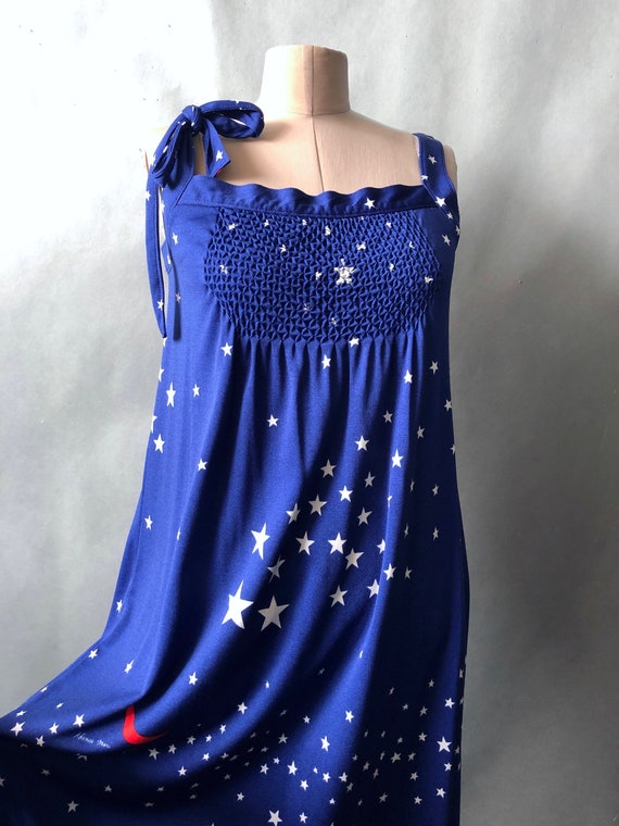 Vintage 1970s Hanae Mori Blue Nylon Star Drint Su… - image 1