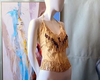 Buff Lamb Skin Super Soft Suede Fringed Halter Top / Hand Made Lambskin Suede sz XS S / Cowboy Carter Chic / Summer Sexy Coachella Boho Vibe