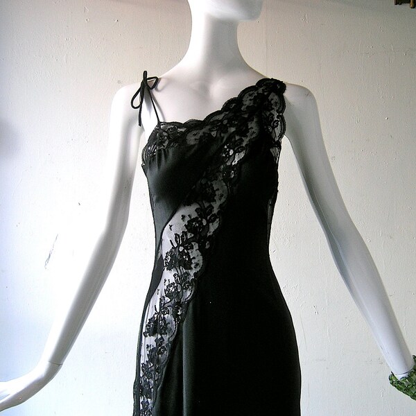 Valentine Sexy Blanche by Ralph Montenero black jersey night gown lace paneling - size S - luxury designer lingerie - asymmetrical shoulder