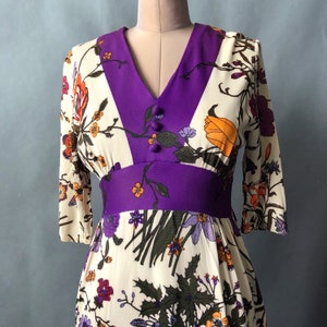 Vintage 1970s Floral Mod Maxi Hippie Dress / Ossie Clark Vibe / Nylon Tricot Purple Trim / Empire Waist / Flared Skirt / sz S M 4 6 8
