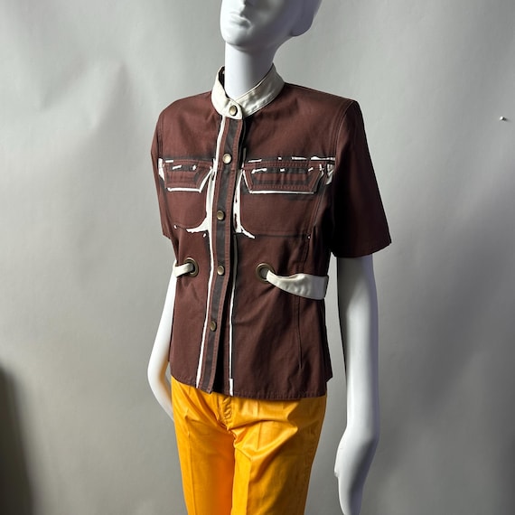 Vintage Lecoanet Hemant Paris Raw Denim Trompe-L'oeil Print Brown Shirt Jacket sz S 1980s 90s France