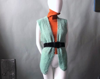vintage Turquoise Teal Mohair Pull Vest / Hand Knit Sleeveless Layering Lagen Chic / sz M to L / Boyfriend Fit