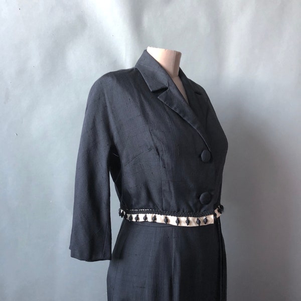 Early 1960s Black & White Holiday Dress Suit / Tassel Fringe Jacket Cap Sleeve Dress / Betty Draper Maisel Chic / sz S 4 6 /50s 60s Tropical