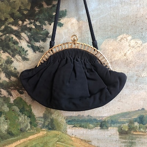 Vintage 1950s MAJID Evening Bag / Silk Pleated Gondola Pouch w/ Gold Trim / Spring Summer Formal Prom Rockabilly Chic