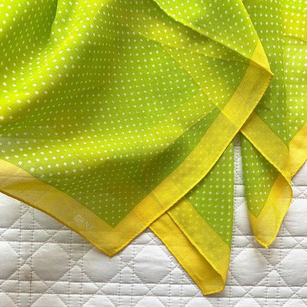 DKNY Summer Scarf XL Polka Dot Chiffon Daffodil Yellow & Lime Green 35" Square / Driving in Convertibles Palm Royale Chic