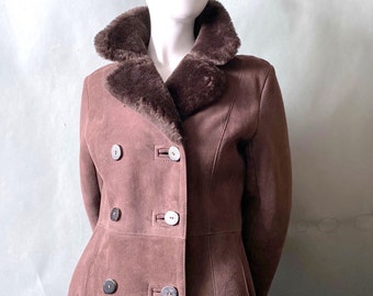 Vintage Jet Set 70s Shearling Coat Sawyer of Napa Leather Long Tailored Overcoat sz M 8 10 - Aspen Jackson Hole Chic