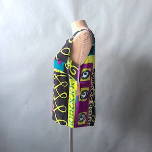 90s Karl Lagerfeld Mod Print Shell Top / Sleeveless Gilet / KL Lagerfeld Collection / sz S M / Neon Teal Yellow Color Palette