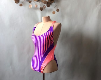 1980s Bathing Suit Mystic Bay Maillot One Piece Barbiecore Dream sz S M Vintage 7/8 / Purple & Pink Grapefruit Stripe High Cut Leg Baywatch