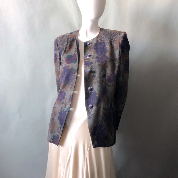 Vintage 80s Blazer Wool Twill Floral Print / Kasp… - image 1