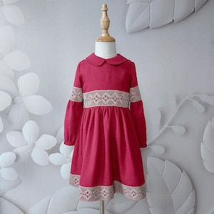 Leinenkleid, Leinenkleid mit Spitze, Lässige Kinderkleidung, Langarmkleid, Geburtstagsoutfit, Geschenk für Mädchen