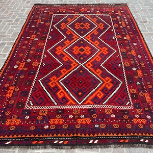 9x13 ft Large Vintage Rug - Red Authentic Handmade Kilim Veg Dye Wool Area Rug - Afghan Antique Geometric Rug - flatweave Tribal Turkmen Rug