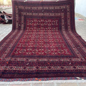 Rich Red 7x10 Bukhara Area Rug - Afghan Durable Kunduz Rug - Hand Knotted Turkmen Waziri Rug - Vintage Oriental Wool Rug - Living Room Rug
