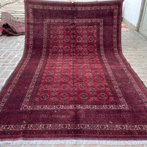 Rich Red 7x10 Kunduz Rug - Afghan Oriental Handmade Rug - Turkmen Waziri Soft Pile Wool Vintage Rug - Bokhara Tribal Area Rug - Bedroom Rug
