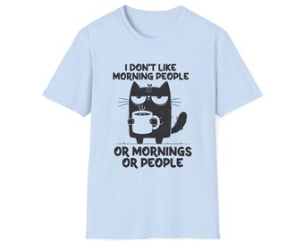 Grumpy Cat Coffee Lover Unisex Softstyle T-Shirt, Hate Mornings Tee, Funny Cat Shirt, Cute Kitten Gift, Morning People Top