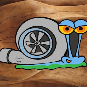 May include: Cartoon illustration of a snail with a turbocharger shell. The snail is blue with orange eyes and a green base. The turbocharger is gray with a black fan and the text "Precision Gary".