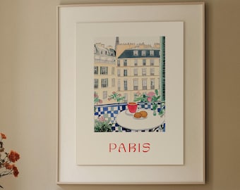 Paris Kunstdruck – französische Balkonszene Kaffee und Croissant Wandbild Eiffelturm Frankreich Geschenkidee für Sie Print Emily in Paris