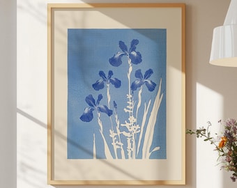 Minimalist Botanical Wall Art -  Vintage Cyanotypie Poster, Abstract Floral Art Print Retro Flower Market Print, Colorful Flower Poster