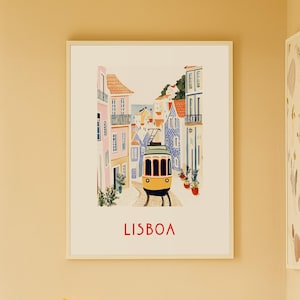 May include: A colorful illustration of a yellow tram traveling through a narrow street in Lisbon, Portugal. The buildings are painted in shades of pink, blue, and white. The text "LISBOA" is printed in red at the bottom of the image.