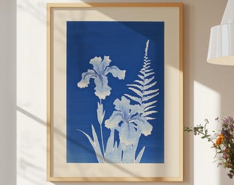Minimalist Botanical Wall Art -  Vintage Cyanotypie Poster, Abstract Floral Art Print Retro Flower Market Print, Colorful Flower Poster
