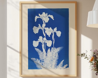 Minimalist Botanical Wall Art -  Vintage Cyanotypie Poster, Abstract Floral Art Print Retro Flower Market Print, Colorful Flower Poster