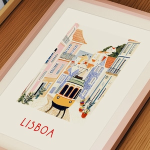 May include: A framed illustration of a yellow tram traveling through a colorful, narrow street in Lisbon, Portugal. The illustration features buildings with tiled facades and lush greenery. The word "LISBOA" is written in red at the bottom of the illustration.