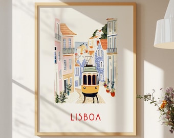 May include: A vintage-style illustration of a yellow tram traveling through a colorful, narrow street in Lisbon, Portugal. The buildings are painted in shades of pink, blue, and white, with tiled accents. The text "LISBOA" is printed in red at the bottom of the image.
