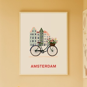 Amsterdam Poster – Holland Vintage Reiseposter Amsterdam Fahrrad Kunstdruck Städtetrip Wanddeko Wohnzimmer Geschenk Housewarming Kunstdruck