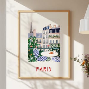 Art Print Paris Modern Illustration Balcony With Coffee Wall decor European Landmark France Gouache Wall Art Wanderlust Travel Lover Gift