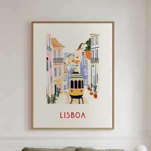 May include: A vintage-style illustration of a yellow tram traveling through a colorful, tiled street in Lisbon, Portugal. The text "LISBOA" is printed in red at the bottom of the image.