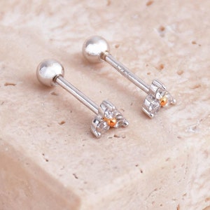 Trinity CZ Cartilage Stud Earring in Sterling Silver, Tiny Flower Screw Back Earring, Clover Earring, Gift for Her, Christmas Gift for Women